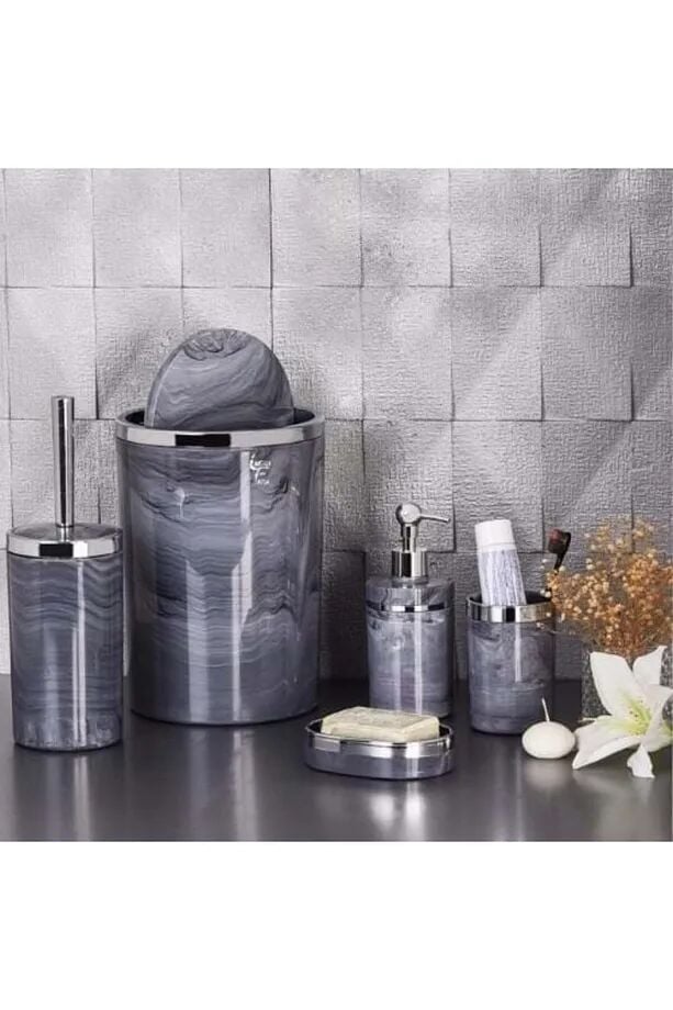 Mucit Home  5 Parça Mermer Desenli Gri Gümüş Akrilik Banyo Seti