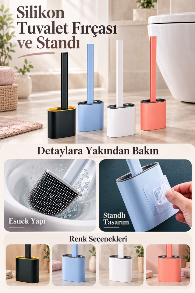Mucit Home Silikon Tuvalet Fırçası Seti Banyo Klozet Fırçası Bükülebilir Wc Fırçası