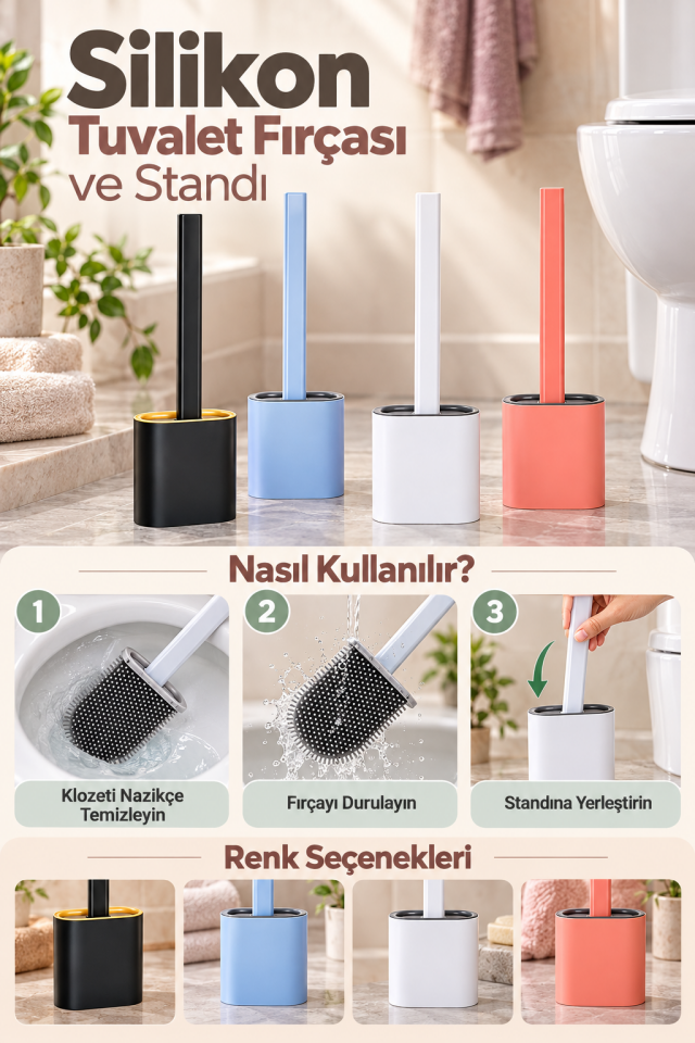 Mucit Home Silikon Tuvalet Fırçası Seti Banyo Klozet Fırçası Bükülebilir Wc Fırçası