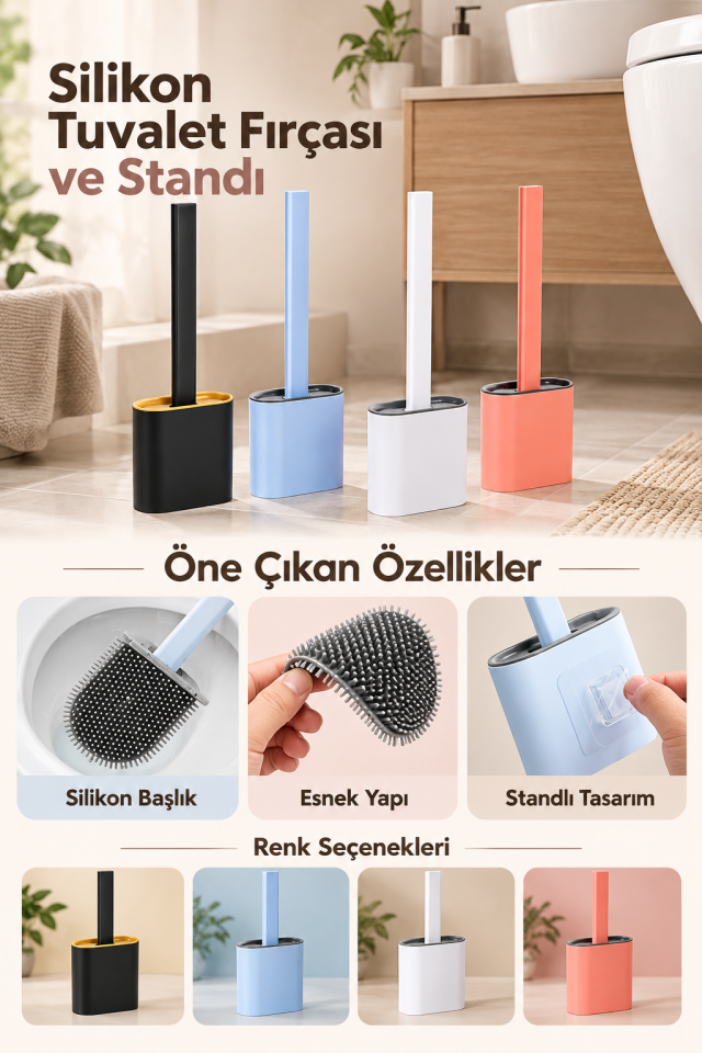 Mucit Home Silikon Tuvalet Fırçası Seti Banyo Klozet Fırçası Bükülebilir Wc Fırçası