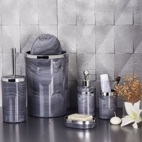 Mucit Home 5 Parça Gümüş Gri Mermer Desenli Akrilik Banyo Seti