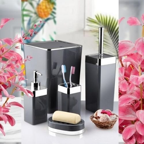 Mucit Home Gri Gümüş, 5 Parça Akrilik Ferforje Banyo Seti