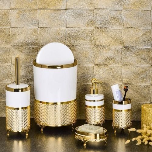 Mucit Home  Beyaz Gold, 5 Parça Akrilik Ferforje Banyo Seti