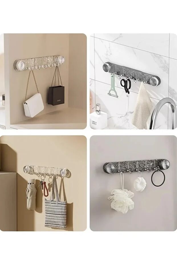Mucit Home  Vantuzlu 5 Kancalı Askılık Delmeden Tak-çıkar Lüks Güçlü Vantuzlu Şeffaf Askılık