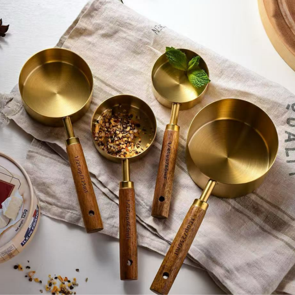 Mucit Home  4 Lü Büyük Boy Gold  Paslanmaz Çelik Ahşap Saplı Ölçü Kaşığı