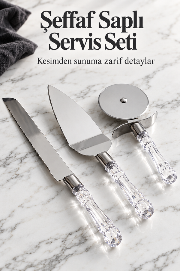 Mucit Home 3lü Kristal Görünümlü Saplı Çelik Servis Seti Pizza Kesici Kek Bıçağı Pasta Spatulası