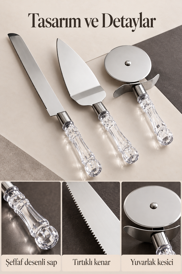 Mucit Home 3lü Kristal Görünümlü Saplı Çelik Servis Seti Pizza Kesici Kek Bıçağı Pasta Spatulası