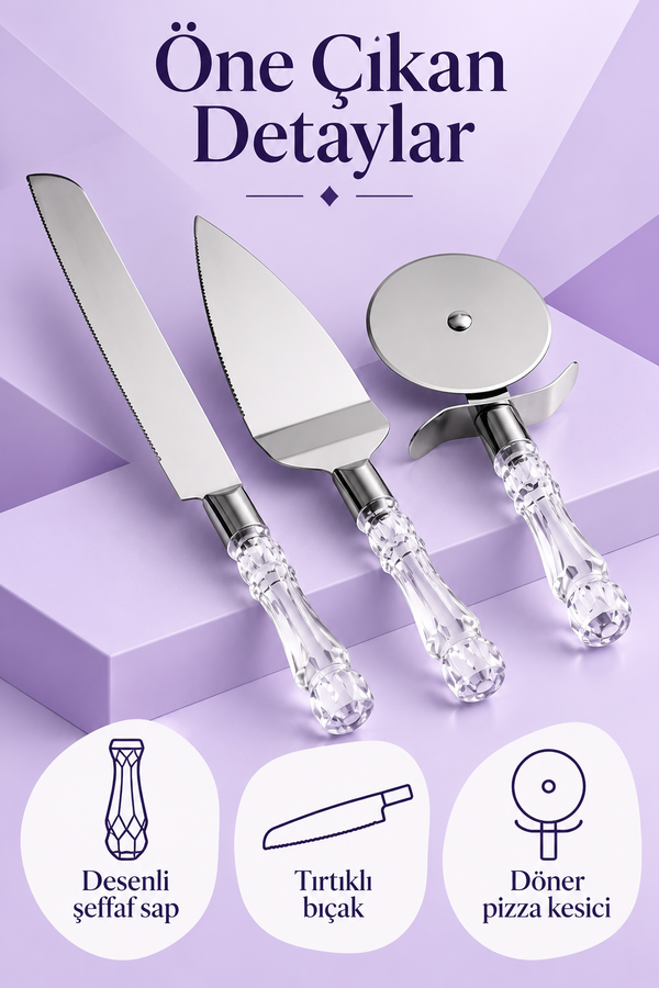 Mucit Home 3lü Kristal Görünümlü Saplı Çelik Servis Seti Pizza Kesici Kek Bıçağı Pasta Spatulası