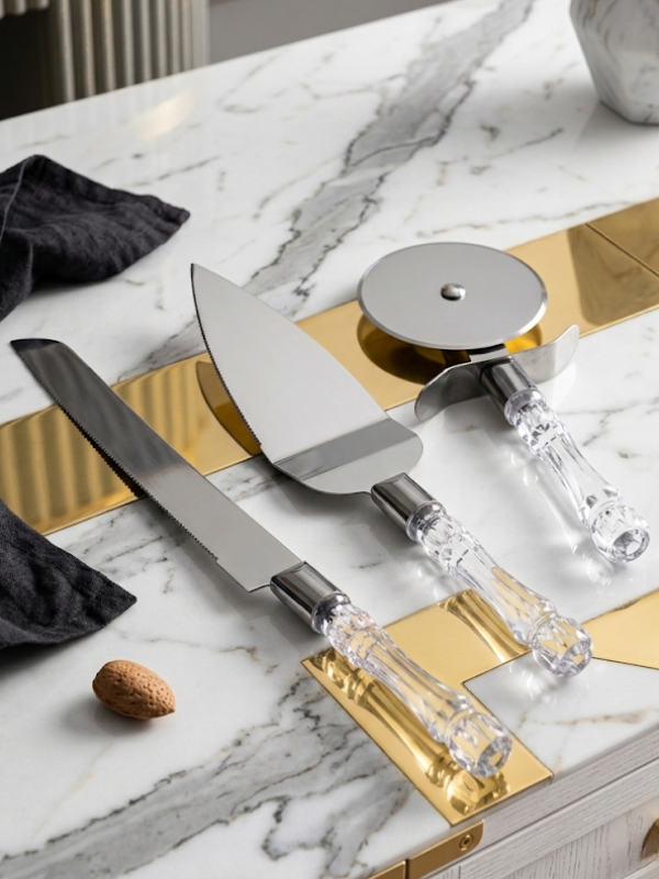 Mucit Home 3lü Kristal Görünümlü Saplı Çelik Servis Seti Pizza Kesici Kek Bıçağı Pasta Spatulası