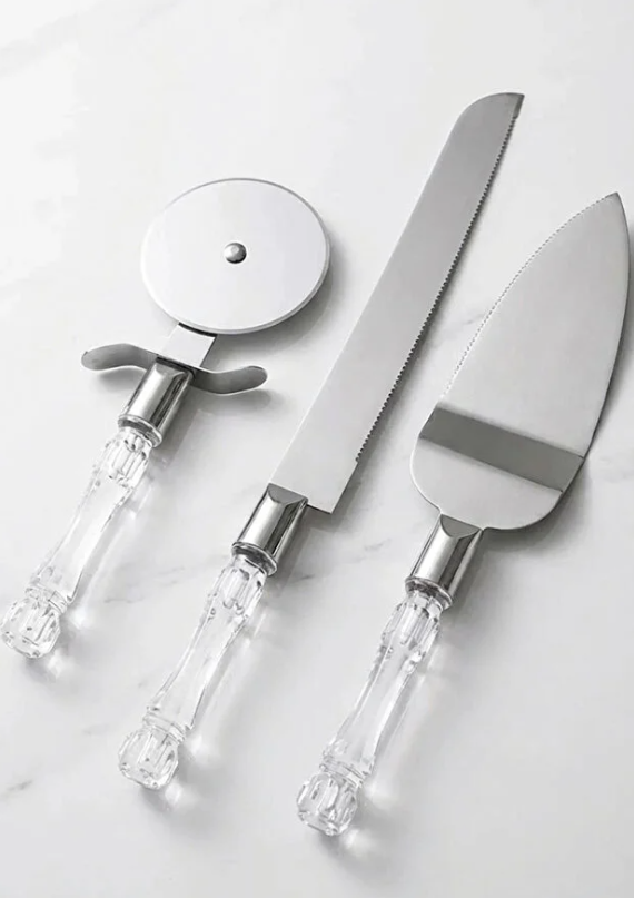 Mucit Home 3lü Kristal Görünümlü Saplı Çelik Servis Seti Pizza Kesici Kek Bıçağı Pasta Spatulası