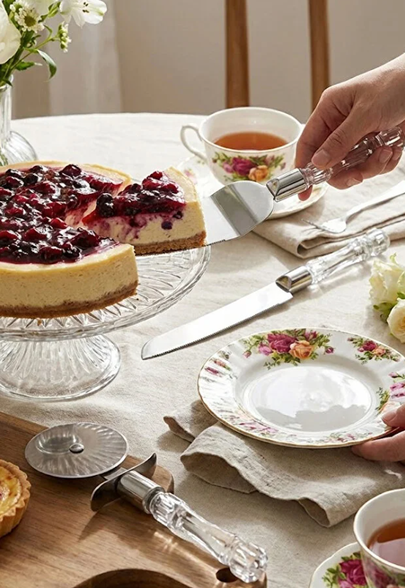 Mucit Home 3lü Kristal Görünümlü Saplı Çelik Servis Seti Pizza Kesici Kek Bıçağı Pasta Spatulası