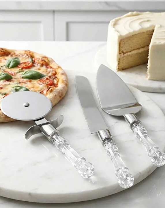 Mucit Home 3lü Kristal Görünümlü Saplı Çelik Servis Seti Pizza Kesici Kek Bıçağı Pasta Spatulası
