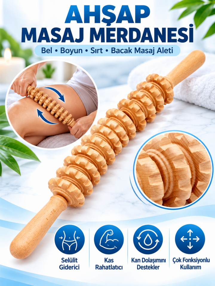 Mucit Home KAVİSLİ Ahşap Masaj Merdanesi Bel Boyun Sırt Bacak Masaj Aleti Selült Giderici 1.Kalite