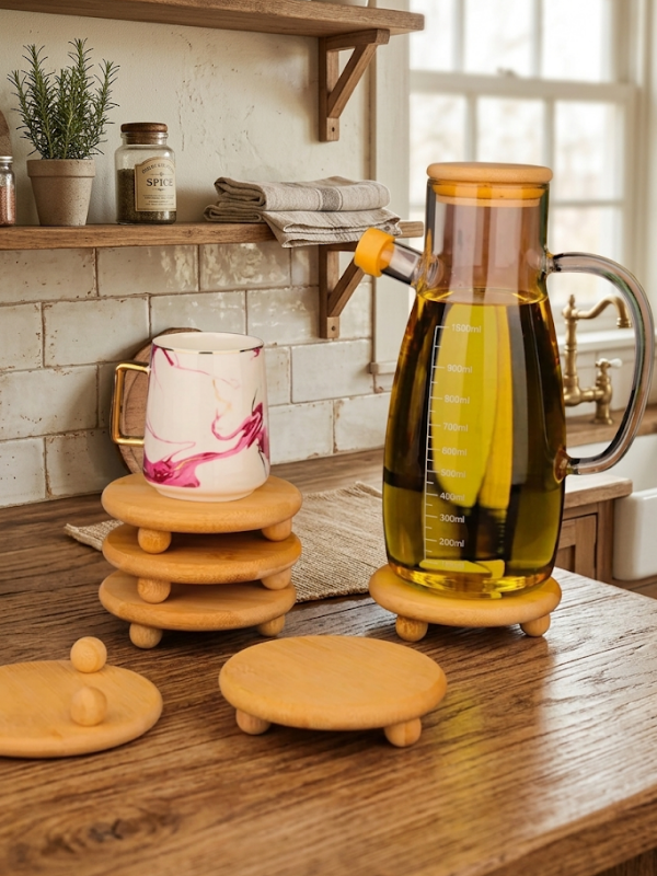 Mucit Home 1 Adet Top Ayaklı Ahşap Yağdanlık Altlığı Bardak ve Dekoratif Stand