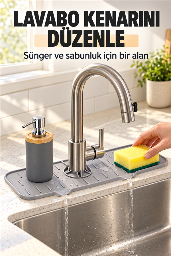 Mucit Home Silikon Musluk Matı – Su Geçirmez Lavabo Kenar Damlatmaz Altlık Düzenleyici Mat