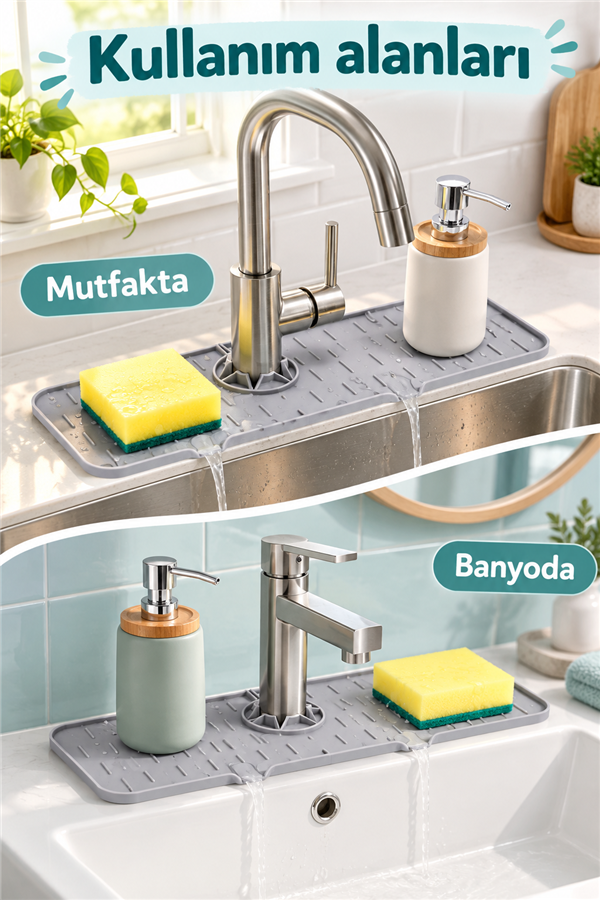 Mucit Home Silikon Musluk Matı – Su Geçirmez Lavabo Kenar Damlatmaz Altlık Düzenleyici Mat