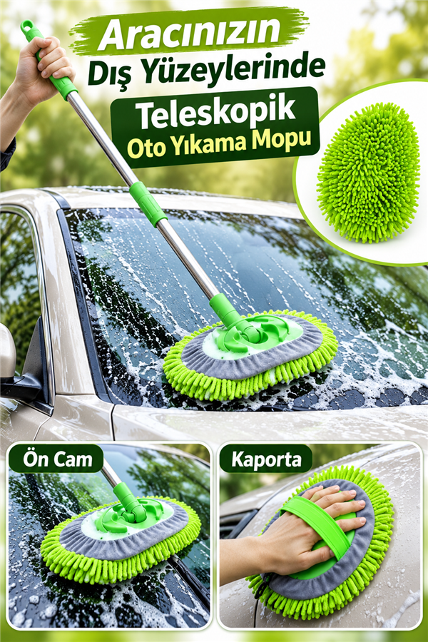 Mucit Home Araba Yıkama Fırçası Oto Yıkama Mop Mikrofiber Bezli Teleskopik Saplı 1 Yedek Bez Hediye