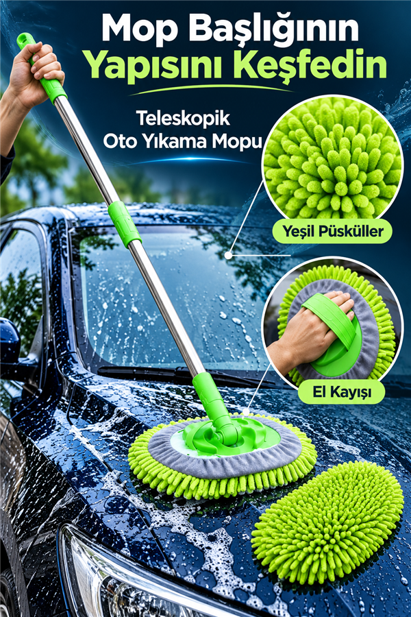 Mucit Home Araba Yıkama Fırçası Oto Yıkama Mop Mikrofiber Bezli Teleskopik Saplı 1 Yedek Bez Hediye