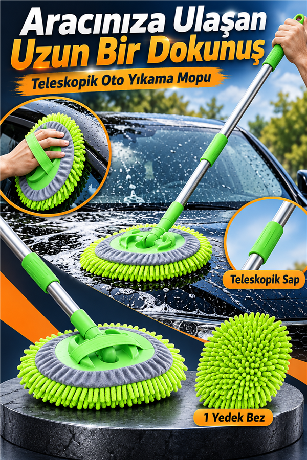 Mucit Home Araba Yıkama Fırçası Oto Yıkama Mop Mikrofiber Bezli Teleskopik Saplı 1 Yedek Bez Hediye