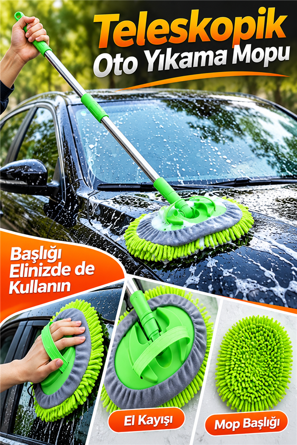 Mucit Home Araba Yıkama Fırçası Oto Yıkama Mop Mikrofiber Bezli Teleskopik Saplı 1 Yedek Bez Hediye