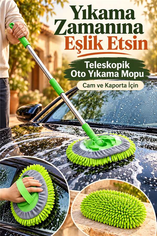 Mucit Home Araba Yıkama Fırçası Oto Yıkama Mop Mikrofiber Bezli Teleskopik Saplı 1 Yedek Bez Hediye