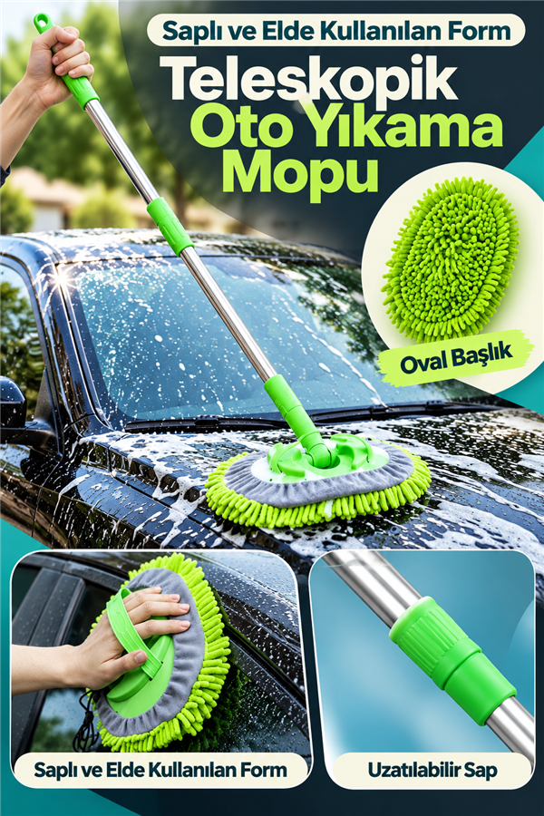 Mucit Home Araba Yıkama Fırçası Oto Yıkama Mop Mikrofiber Bezli Teleskopik Saplı 1 Yedek Bez Hediye