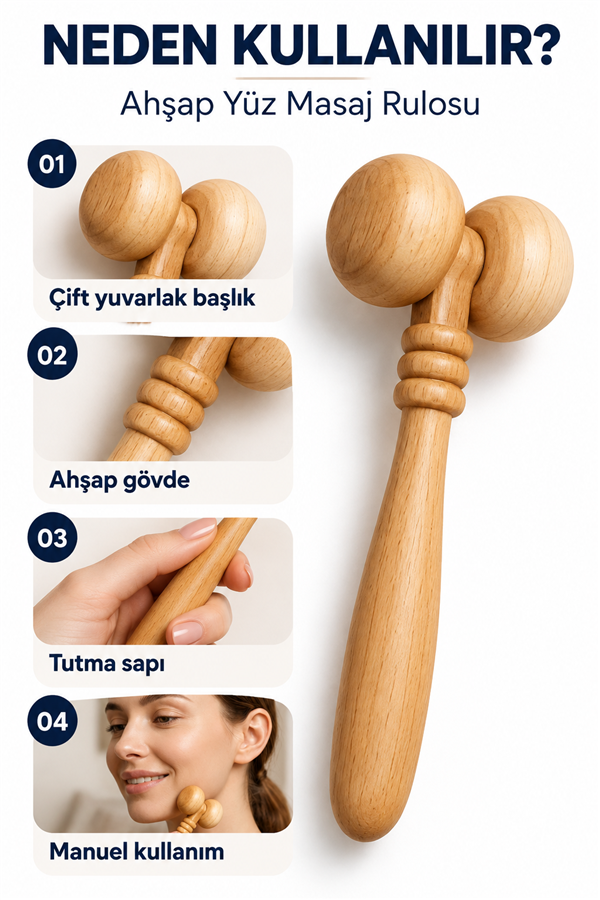 Mucit Home Çene Belirginleştirici Ahşap Masaj Rulosu Burun ve Göz Masaj Aleti Yüz Masaj Aleti