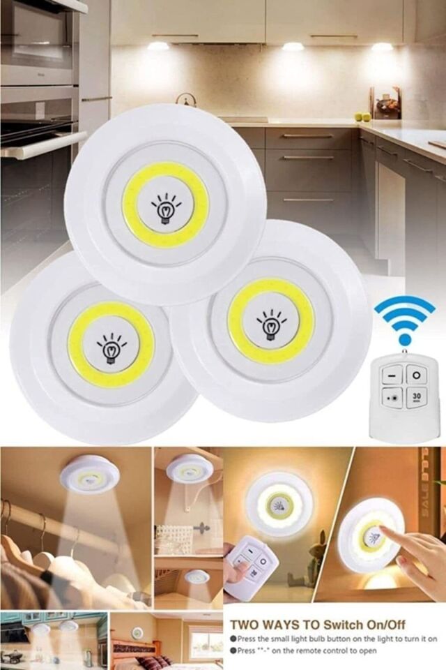 Mucit Home   Uzaktan Kumandalı Yapışkanlı Kablosuz Pilli Led 3'lü Spot Lamba Spot Led