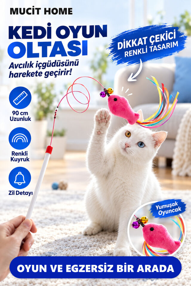 Mucit Home Balıklı Kedi Oyun Oltası Balıklı Kuyruklu Dikkat Çekici 90 Cm -Eğlenceli Olta