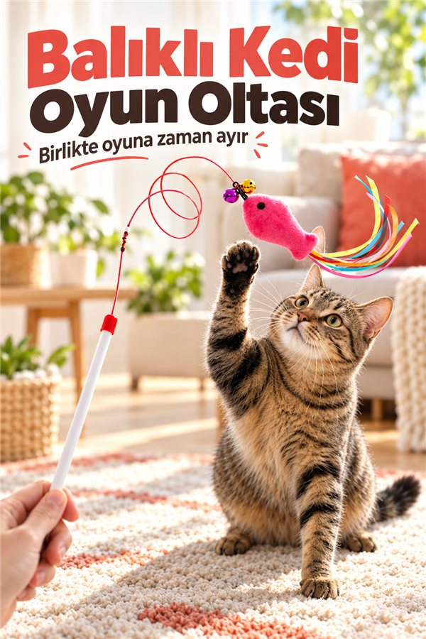 Mucit Home Balıklı Kedi Oyun Oltası Balıklı Kuyruklu Dikkat Çekici 90 Cm -Eğlenceli Olta