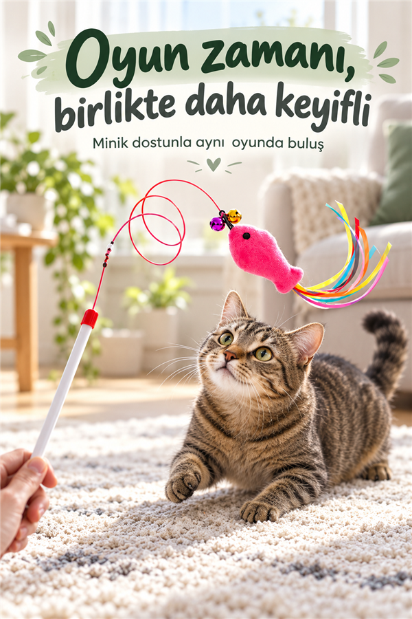 Mucit Home Balıklı Kedi Oyun Oltası Balıklı Kuyruklu Dikkat Çekici 90 Cm -Eğlenceli Olta