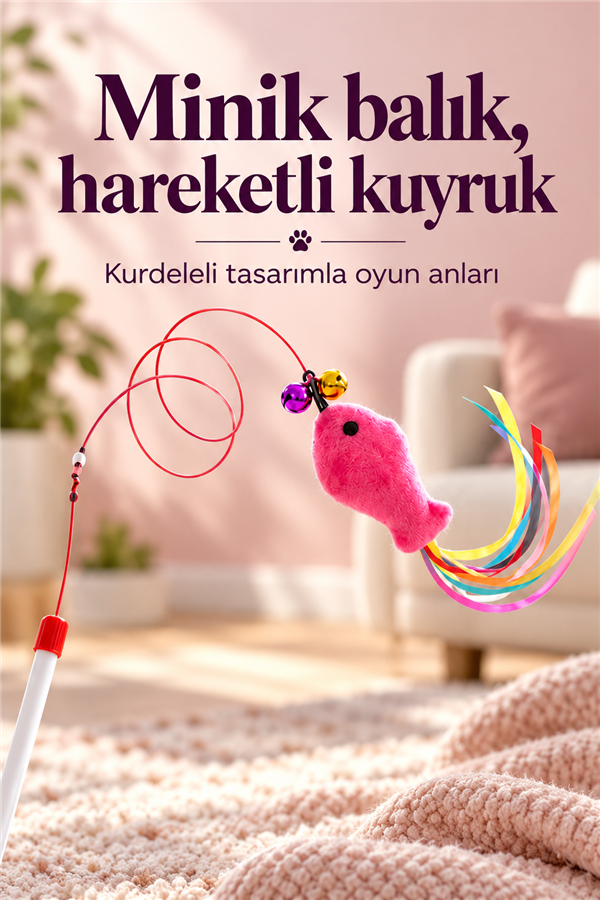 Mucit Home Balıklı Kedi Oyun Oltası Balıklı Kuyruklu Dikkat Çekici 90 Cm -Eğlenceli Olta