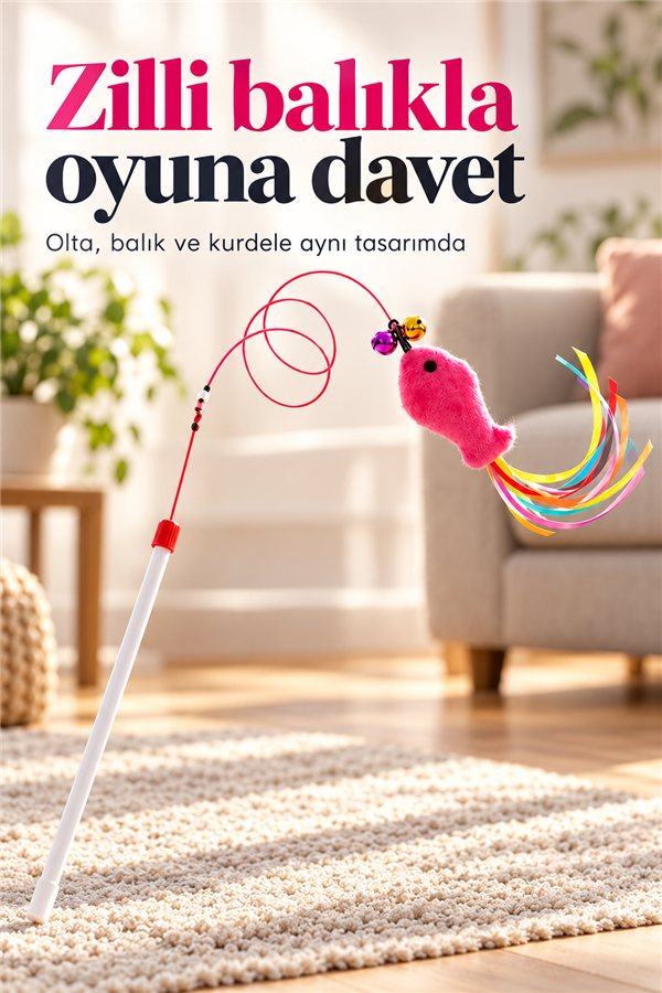 Mucit Home Balıklı Kedi Oyun Oltası Balıklı Kuyruklu Dikkat Çekici 90 Cm -Eğlenceli Olta