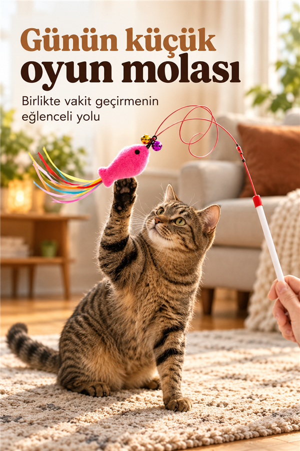 Mucit Home Balıklı Kedi Oyun Oltası Balıklı Kuyruklu Dikkat Çekici 90 Cm -Eğlenceli Olta