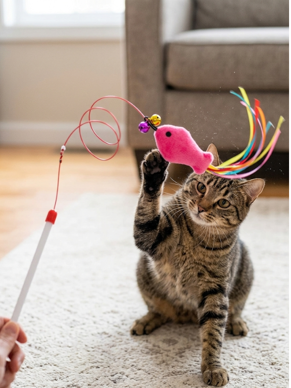 Mucit Home Balıklı Kedi Oyun Oltası Balıklı Kuyruklu Dikkat Çekici 90 Cm -Eğlenceli Olta