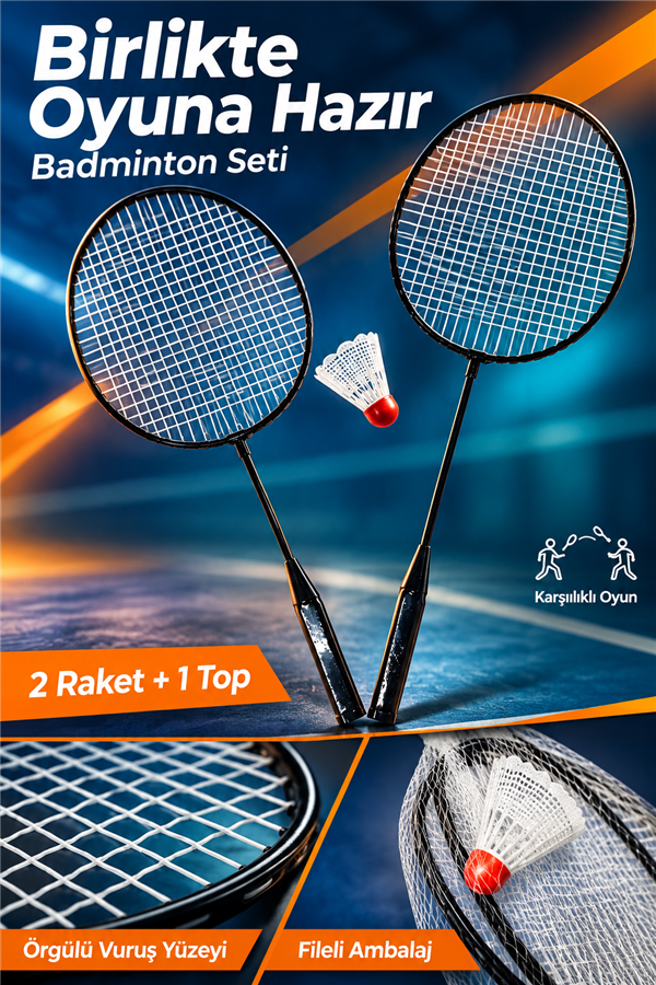 Mucit Home Fileli Badminton Seti 2 Raket 1 Top Badmington Seti