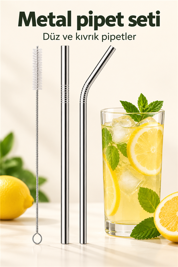 Mucit Home 7 Parça Parça Metal Pipet Seti Paslanmaz Çelik Pipet Ve Çubuk Pipet Temizleme Fırçası