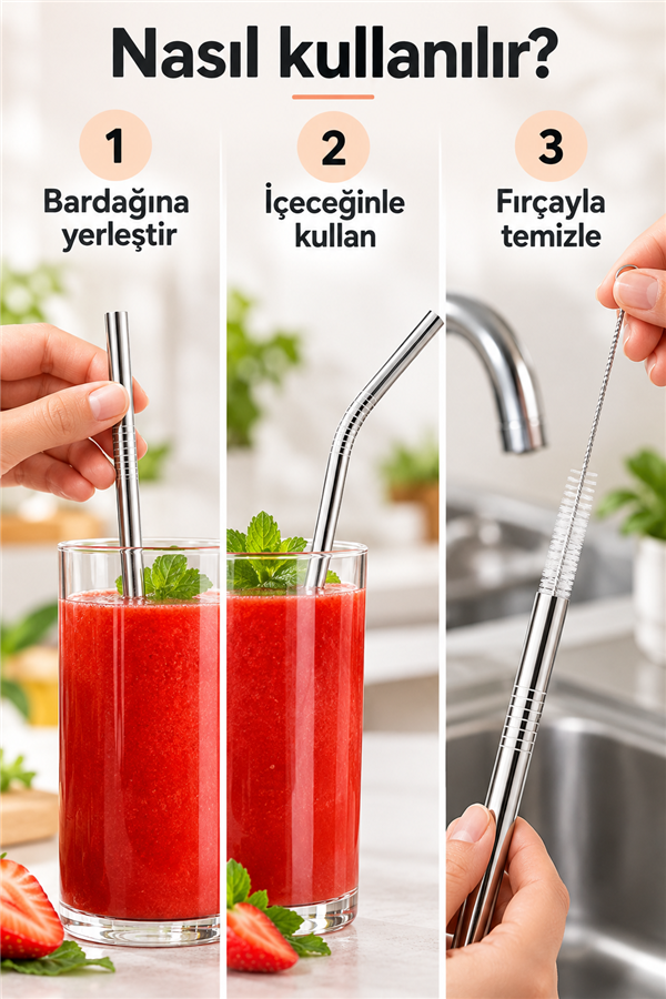 Mucit Home 7 Parça Parça Metal Pipet Seti Paslanmaz Çelik Pipet Ve Çubuk Pipet Temizleme Fırçası