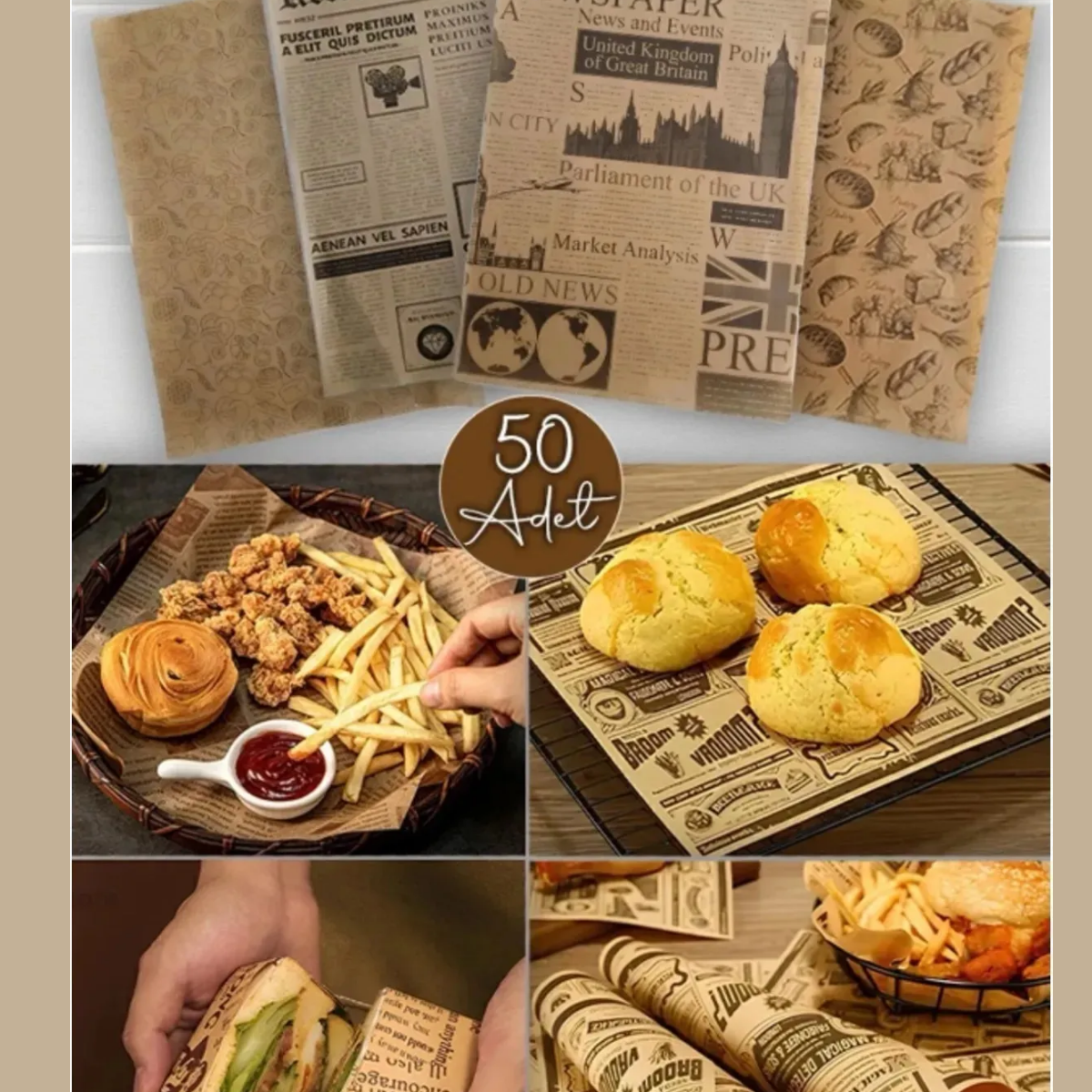 Mucit Home   Desenli Yağlı Kağıt | 50 Adet Vintage Gazete Desen Sunum Kağıdı Gıdaya Uyumlu