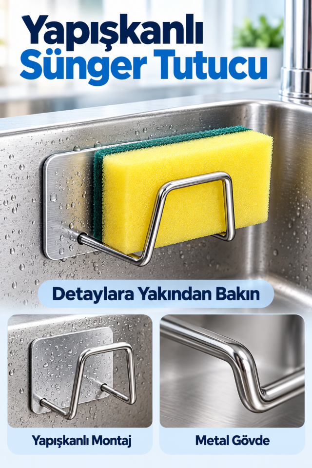 Mucit Home 1 Adet Paslanmaz Krom Yapışkanlı Bulaşık Süngeri Tutucu Ve Evye Düzenleyici Süngerlik