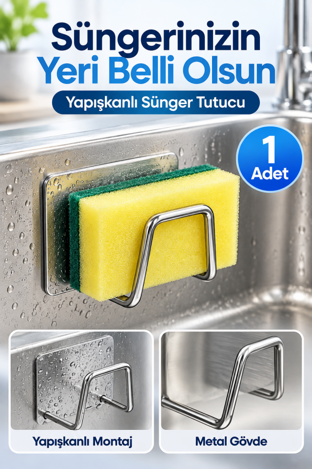 Mucit Home 1 Adet Paslanmaz Krom Yapışkanlı Bulaşık Süngeri Tutucu Ve Evye Düzenleyici Süngerlik