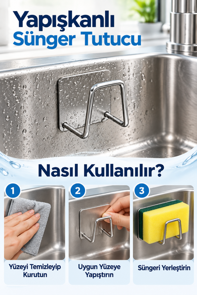 Mucit Home 1 Adet Paslanmaz Krom Yapışkanlı Bulaşık Süngeri Tutucu Ve Evye Düzenleyici Süngerlik