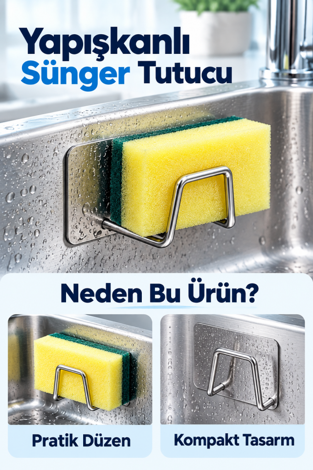 Mucit Home 1 Adet Paslanmaz Krom Yapışkanlı Bulaşık Süngeri Tutucu Ve Evye Düzenleyici Süngerlik