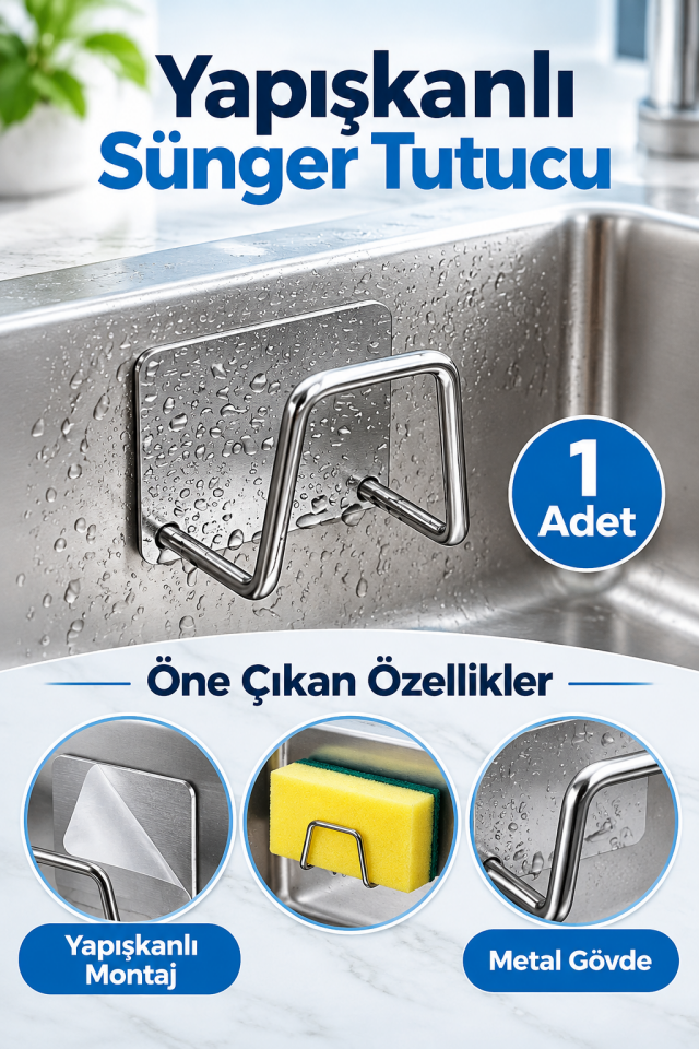 Mucit Home 1 Adet Paslanmaz Krom Yapışkanlı Bulaşık Süngeri Tutucu Ve Evye Düzenleyici Süngerlik