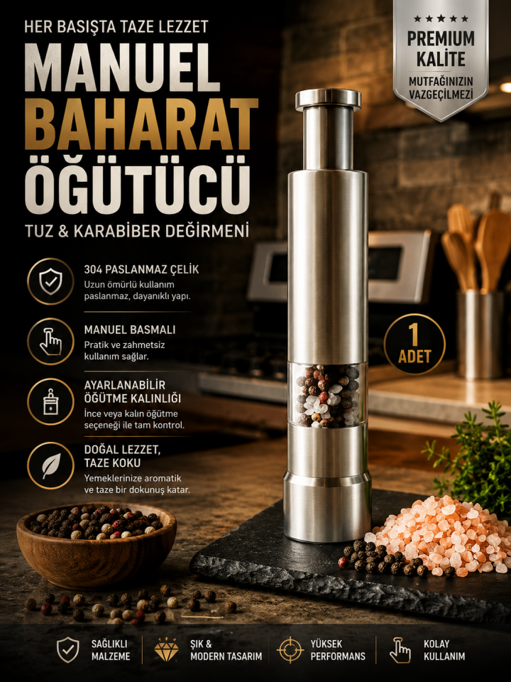 Mucit Home Manuel Basmalı Baharat Öğütücü 1 Adet – 304 Paslanmaz Çelik Tuz & Karabiber Değirmeni