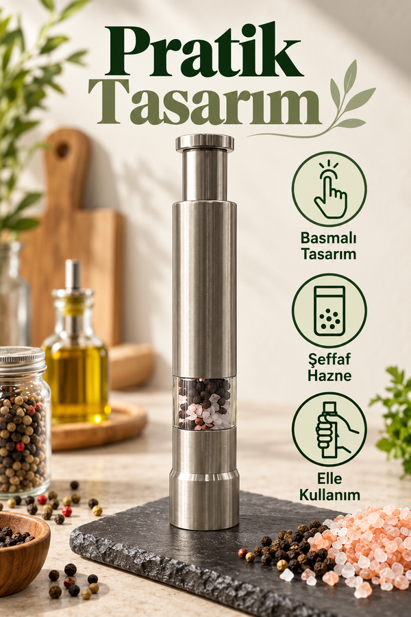 Mucit Home Manuel Basmalı Baharat Öğütücü 1 Adet – 304 Paslanmaz Çelik Tuz & Karabiber Değirmeni