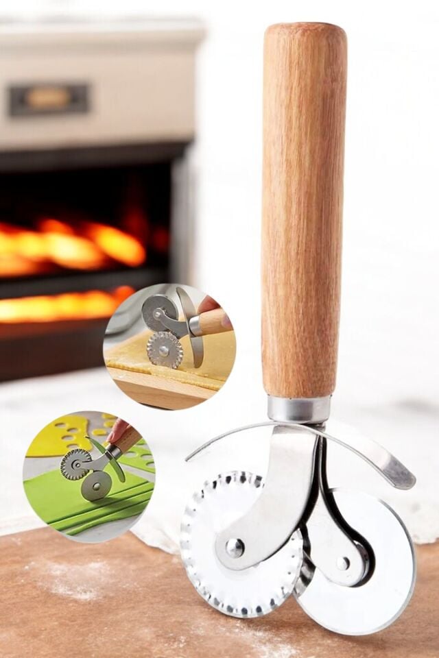 Mucit Home Ahşap Saplı Pizza Hamur Ruleti 2 in 1 Pizza Hamur Pide Kesme | Çift Taraflı Kesici