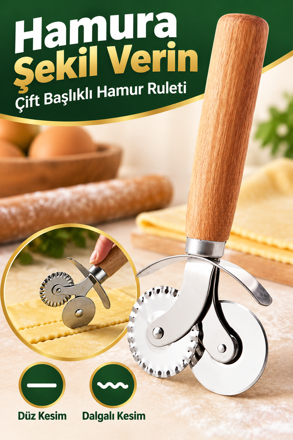 Mucit Home Ahşap Saplı Pizza Hamur Ruleti 2 in 1 Pizza Hamur Pide Kesme | Çift Taraflı Kesici