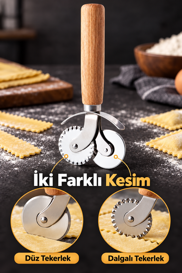 Mucit Home Ahşap Saplı Pizza Hamur Ruleti 2 in 1 Pizza Hamur Pide Kesme | Çift Taraflı Kesici