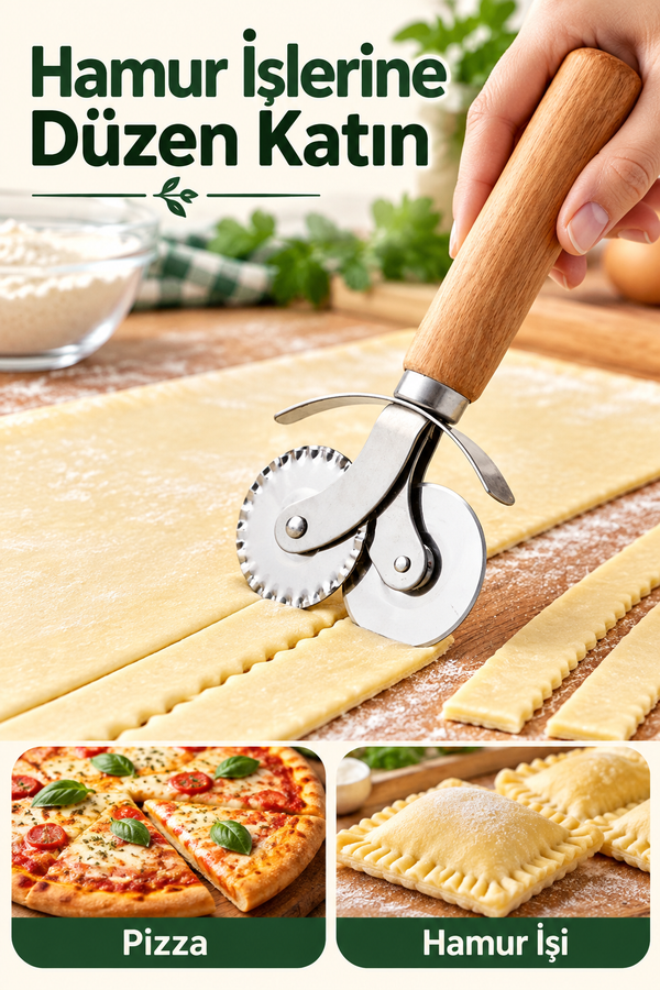 Mucit Home Ahşap Saplı Pizza Hamur Ruleti 2 in 1 Pizza Hamur Pide Kesme | Çift Taraflı Kesici